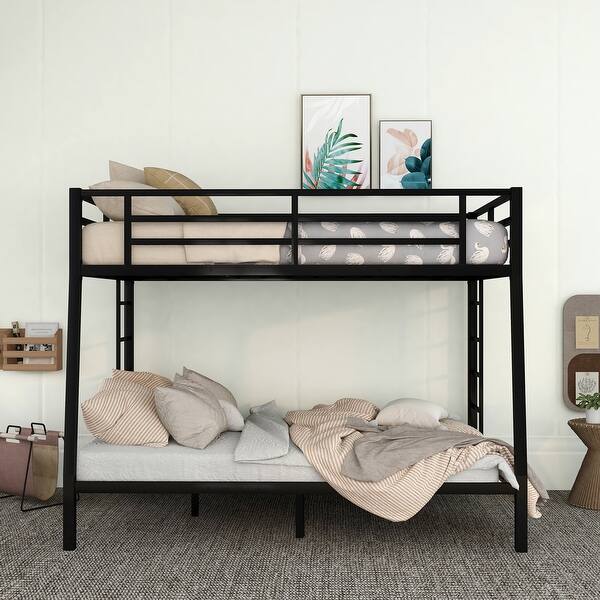 slide 2 of 9, Metal Full XL over Queen Bunk Bed with 2 Built-in Ladders & Guardrails Black - Queen