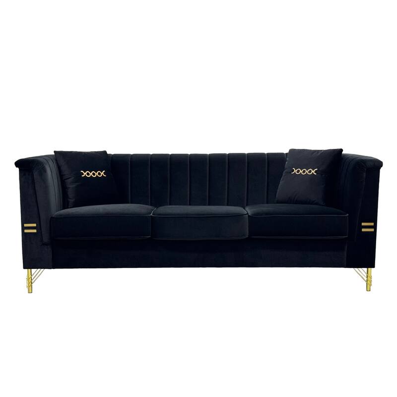 82.67" Modern Velvet 3-Seater Sofa, Vertical Channel Tufted Backrest, Gold Metal Legs, Chesterfield Style