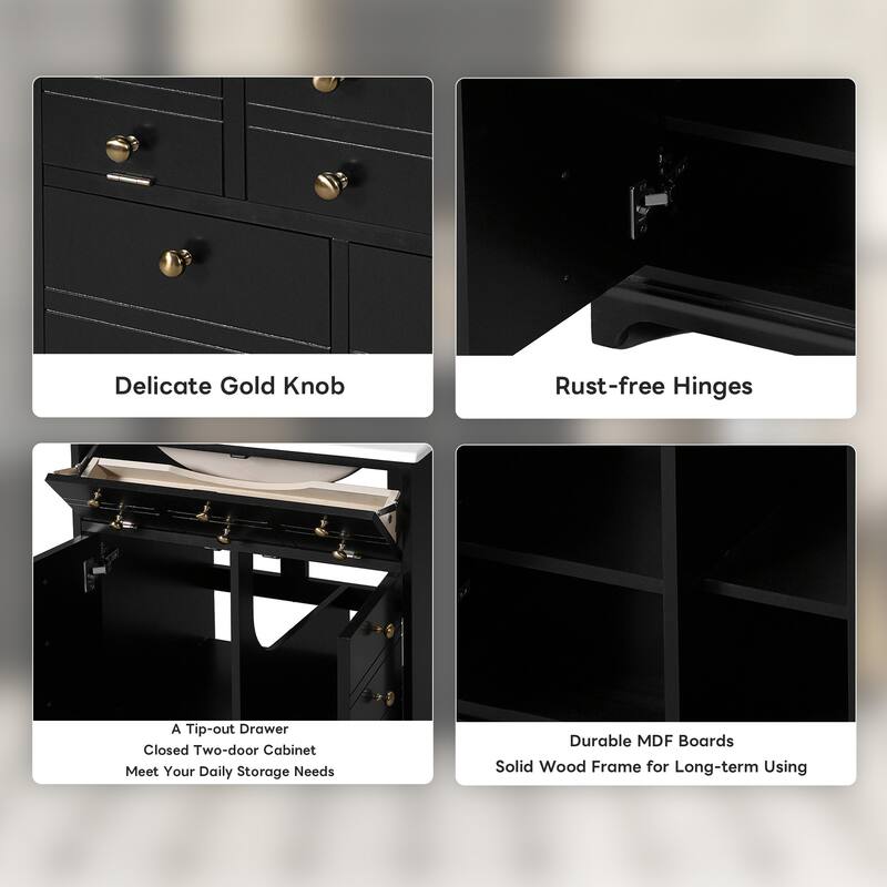Roomfitters 24" Vanity with Ceramic Sink, Bathroom Cabinet with Drawer and 2 Soft Closing Doors, Compact Storage, Black