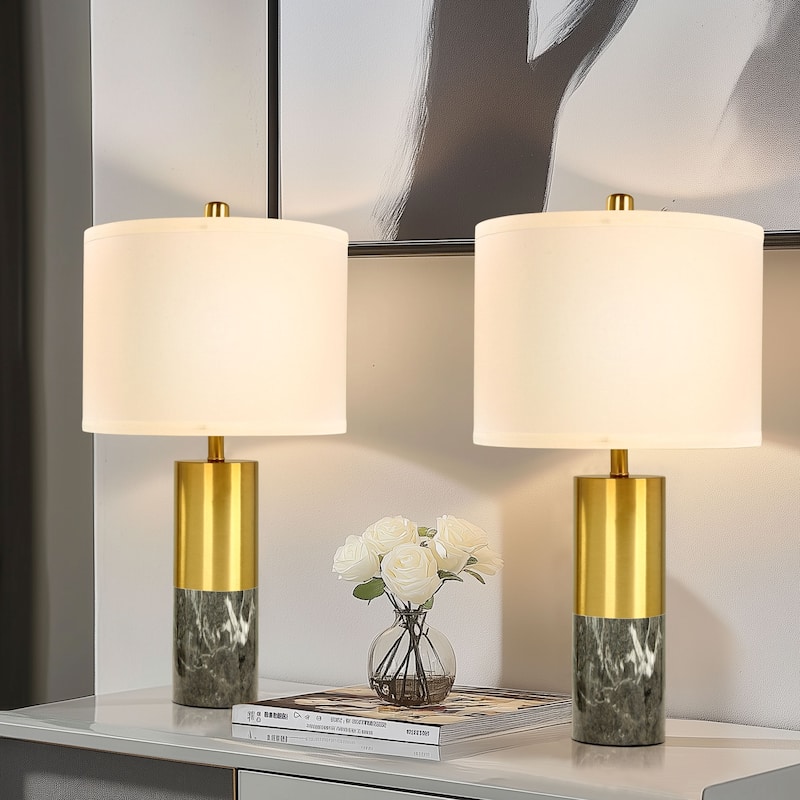 Marble Metal Table Lamp With Linen Shade Set of 2 - Black