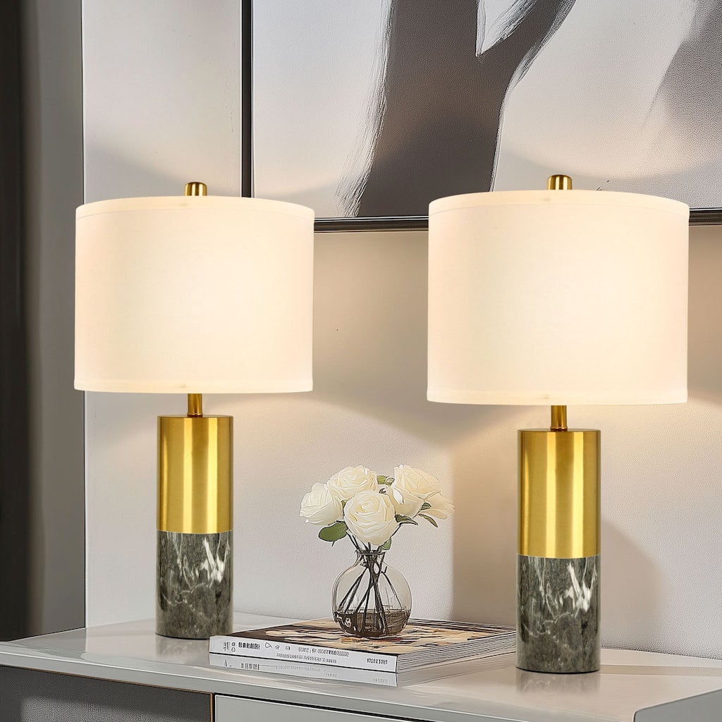 Marble Metal Table Lamp With Linen Shade Set of 2