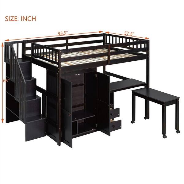 dimension image slide 0 of 6, Twin/Full Size Loft Bed with Storage Staircase, Wardrobe and Desk, Solid Wood Loft Bedframe with 2 Storage Drawers and Shelves