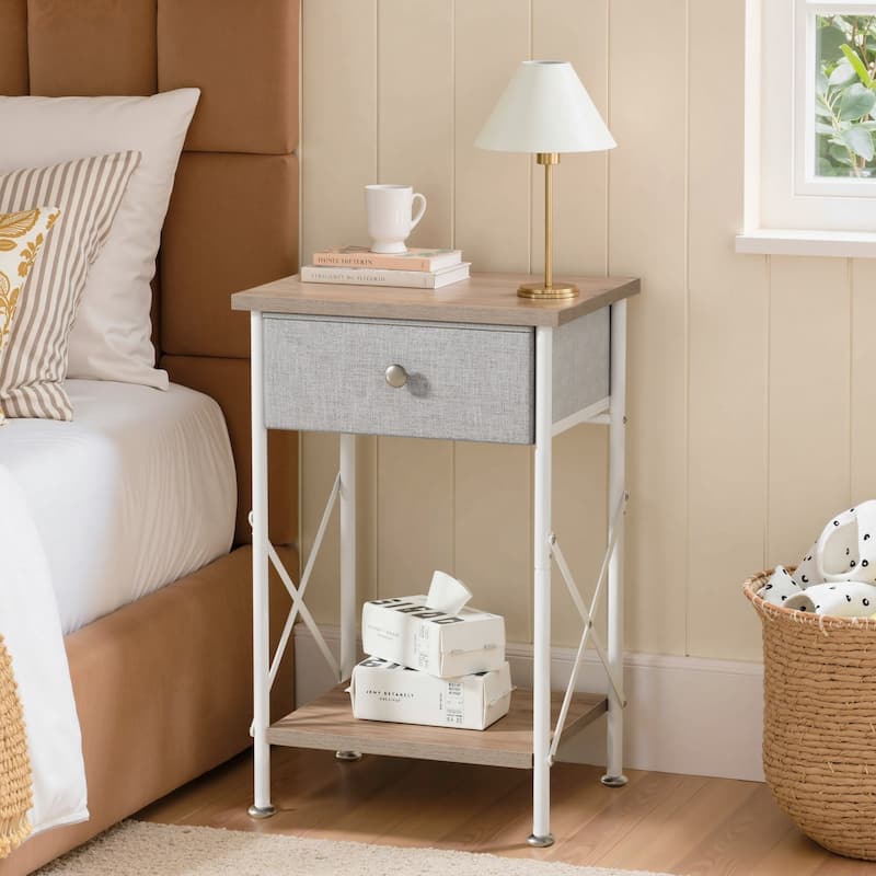 Javlergo Set of 1 or 2 Modern X-Shape End Table with Removable Fabric Drawer & Open Shelf for Living room bedroom study room