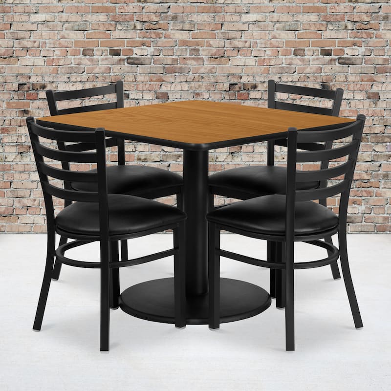 36'' Square Laminate Table Set with Round Base and 4 Ladder Back Metal Chairs