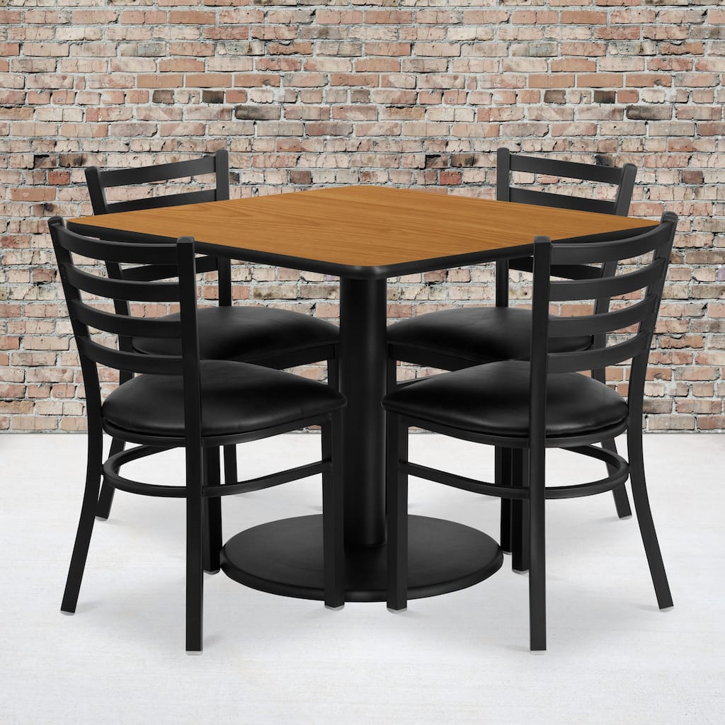 36'' Square Laminate Table Set with Round Base and 4 Ladder Back Metal Chairs