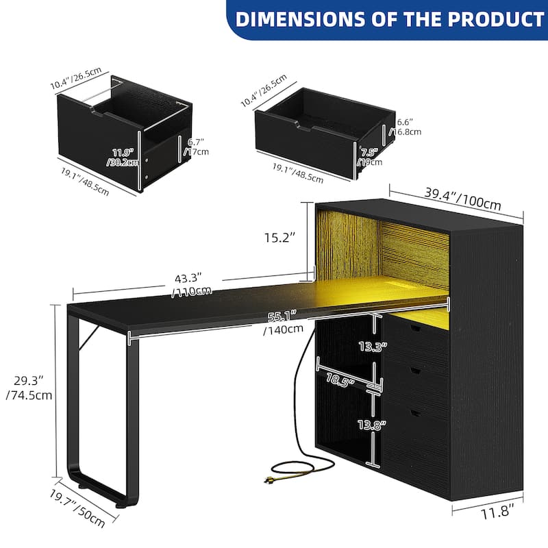 Moasis 55" LED L-Shaped Desk with Drawers and Cabinet, Corner Computer Desk with Power Outlets USB Ports