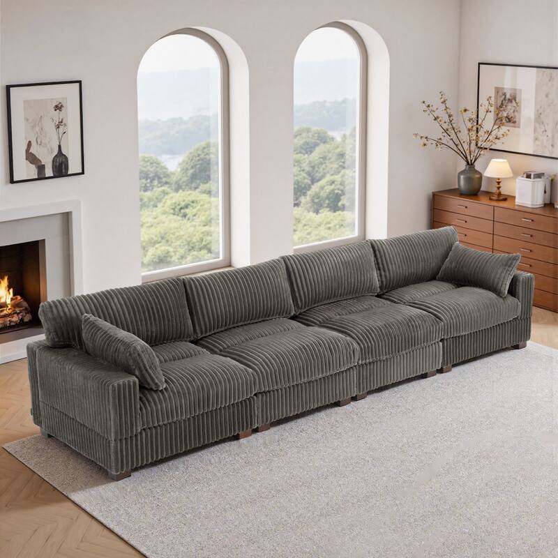 Plush Corduroy Upholstered Modular Sectional Sofa with Pillows