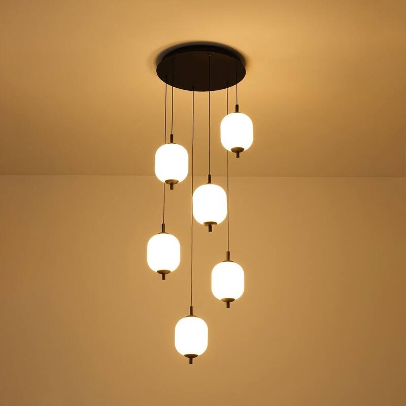 Modern 6-Light Meteor-Style Dimmable LED Pendant with Ribbed Acrylic Shade - Matte Black