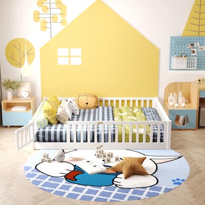 Floor Platform Bed with Fence Guardrails and Door