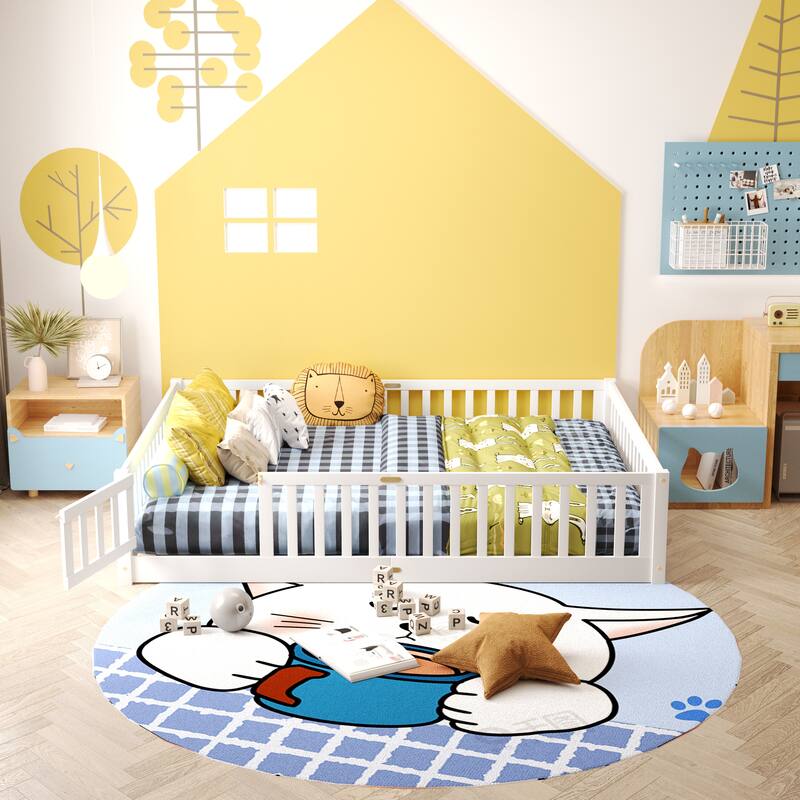 Modern Floor Platform Bed with Fence and Door - White - Queen