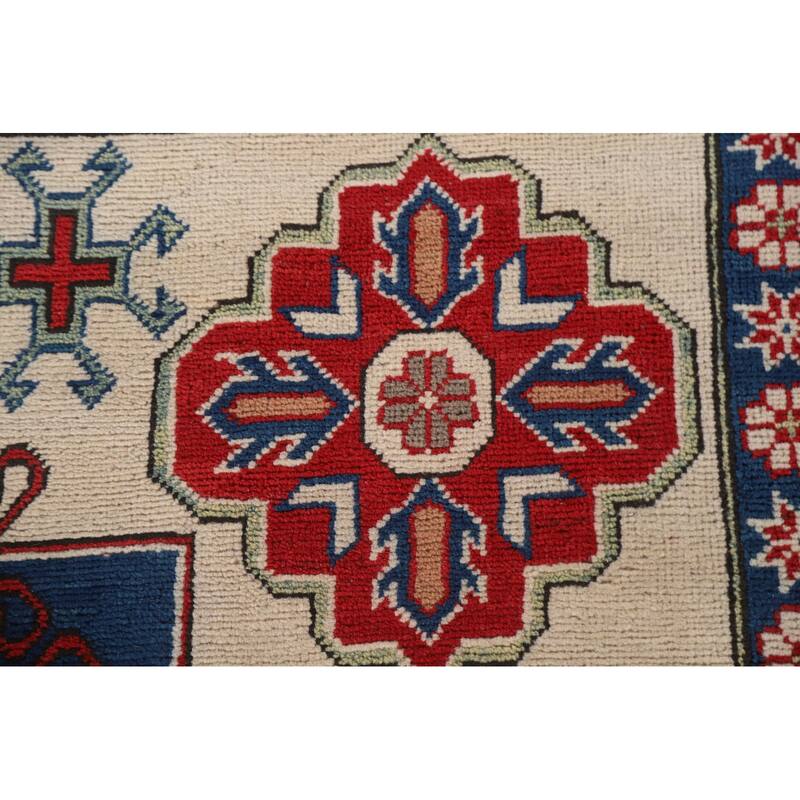 Hand Knotted Oriental 100% Wool Carpet Traditional Geometric Beige & Ivories Kazak Area Rug - 9' 7'' X 6' 7''