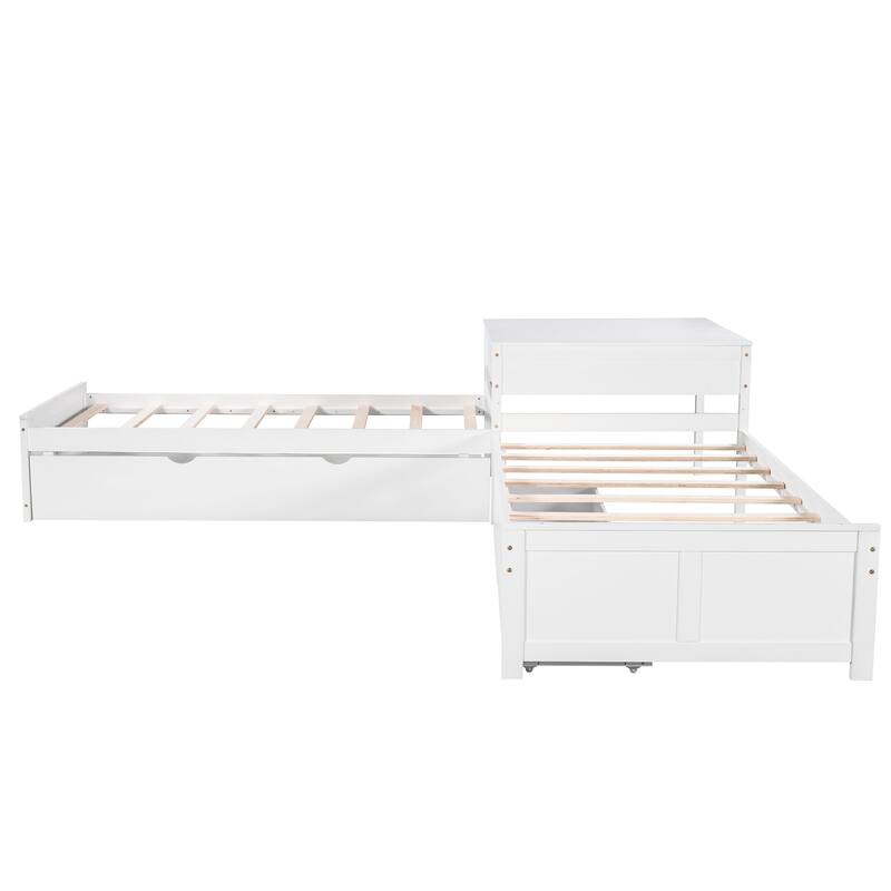Twin Size Platform Bed with Built-in Desk and Drawers Linked, L-Shaped Trundle, Wooden Support Bed Frame No Box Spring Needed