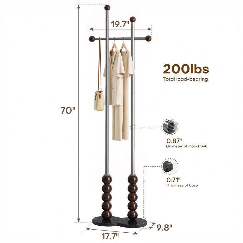 Metal Freestanding Coat Rack with Heavy Duty Marble Base - 70"H x 19.7"W (top) × 17.7"(base) x 9.8"D