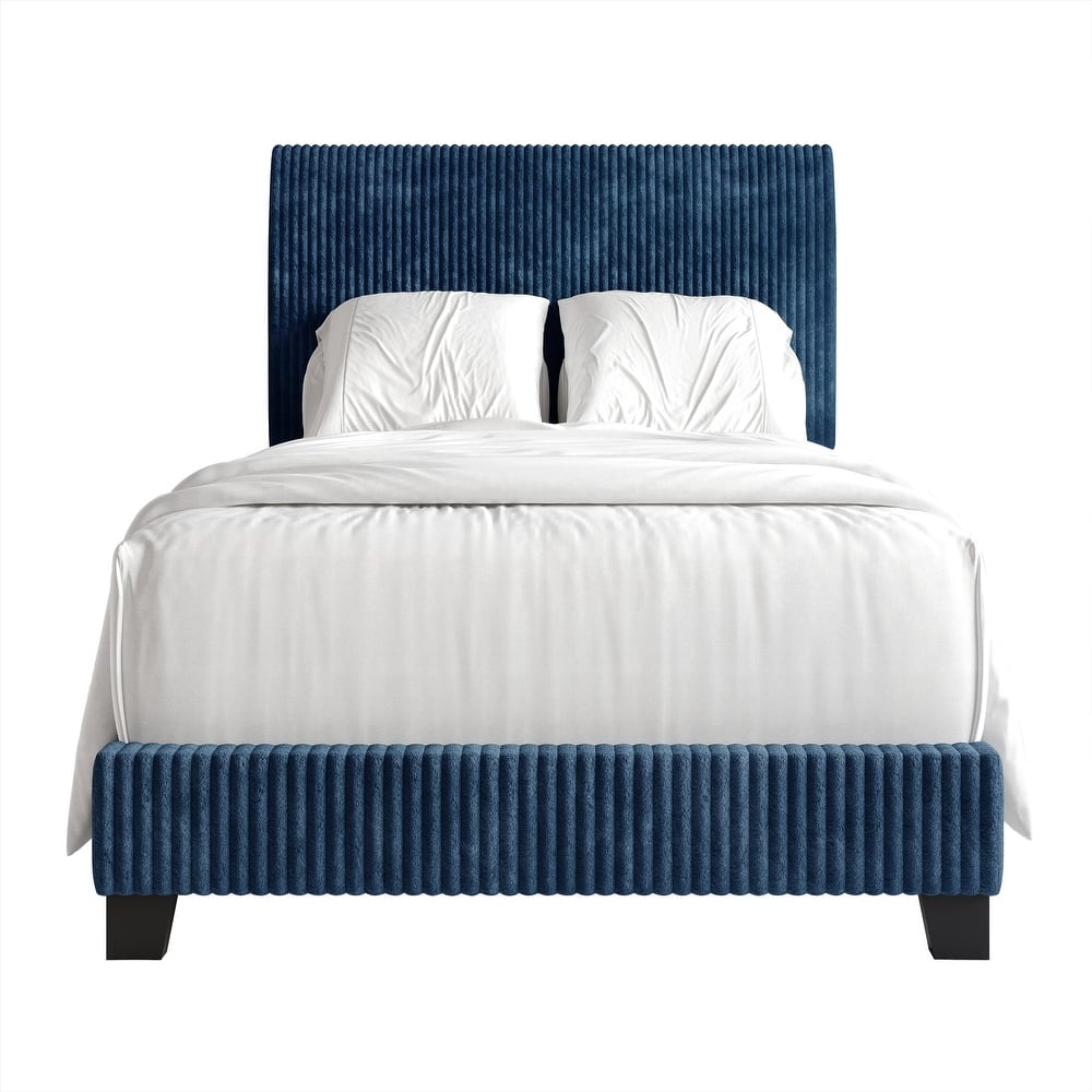 CraftPorch Corduroy 4-pieces Mid-Century Modern Navy Blue Bed with Light Grey Furniture Bedroom Set