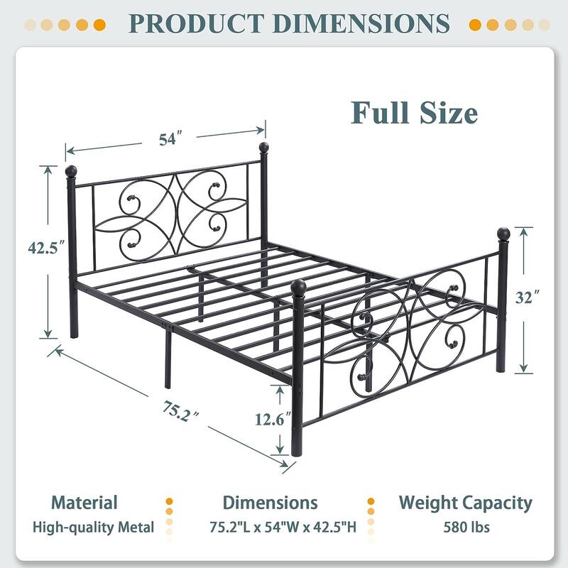 VECELO Metal Black Bed Frame With Headboard, 12" Under-Bed Space