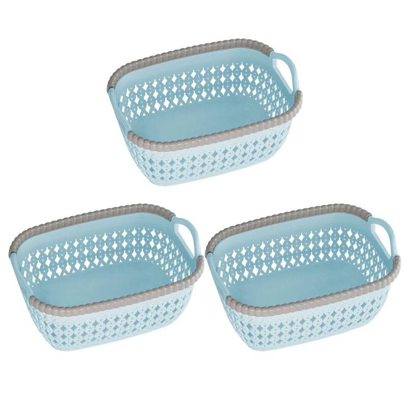 Rattan Plastic Weave Basket, Storage Bins Organizer for Closet, Shelf, Kitchen, Pantry and Bathroom - Ideal for Makeup,Cosmetics - Blue - Set of 3