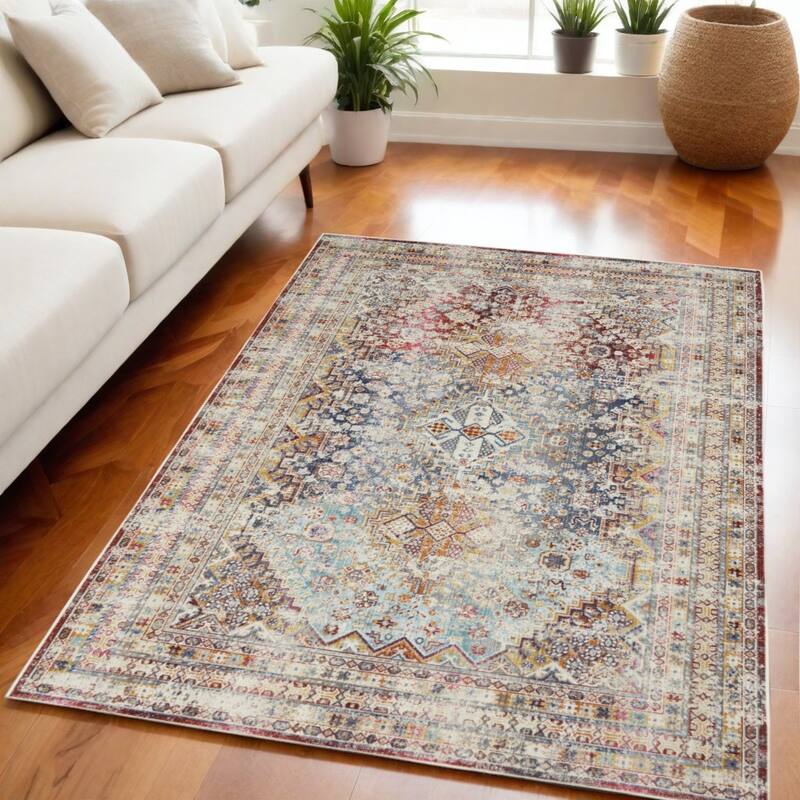 HomeRootsGeometric Traditional Rectangle Area Rug - 94' X '63' X '0.5 - 94' X '63' X '0.5 - Orange/Red/Ivory