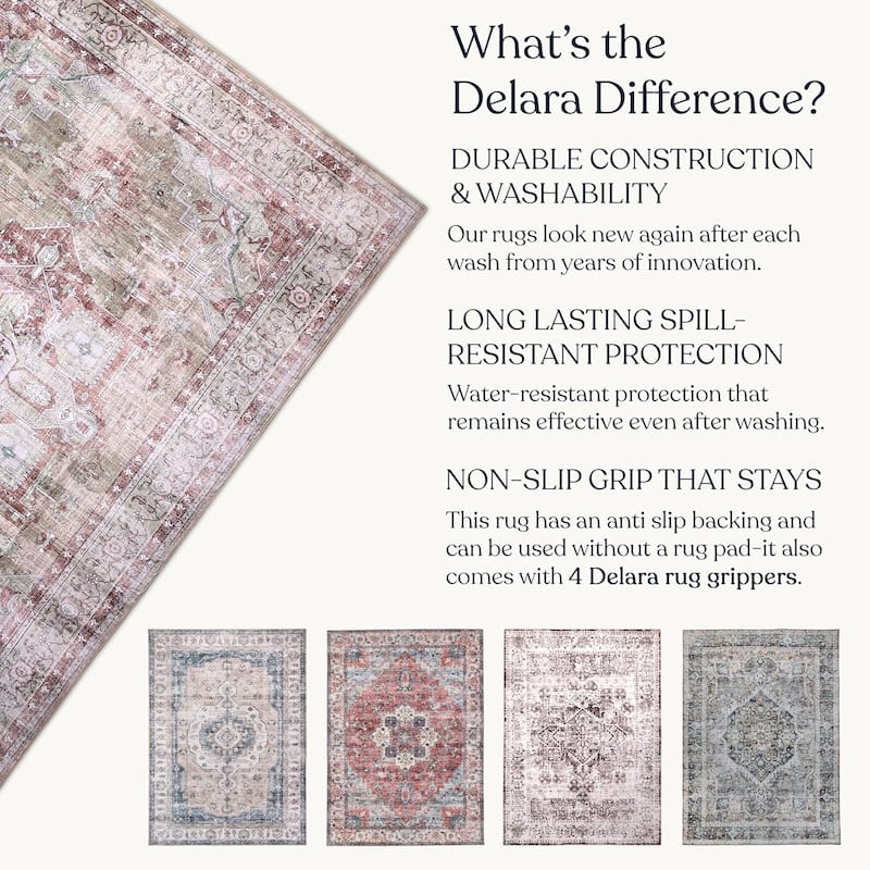 Delara Machine Washable Area Rug, Soft & Durable, Non-Slip Backing, Eco- Friendly GRS certified.