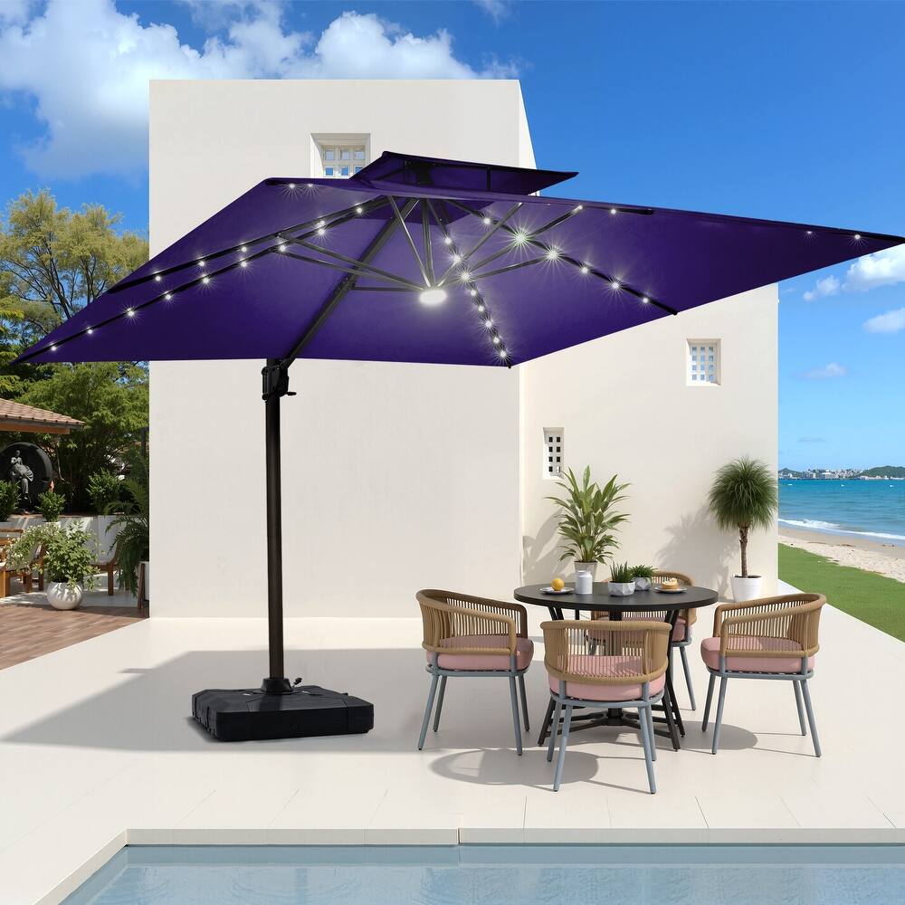 VredHom 9 x 11ft Outdoor Aluminum Dual Top Cantilever Patio Umbrella LED Light with Wheel Base