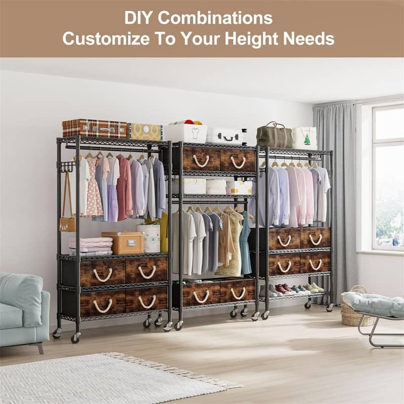 Rolling Clothes Rack with Shelves - 35.4"D x 16.1"W x 76"H