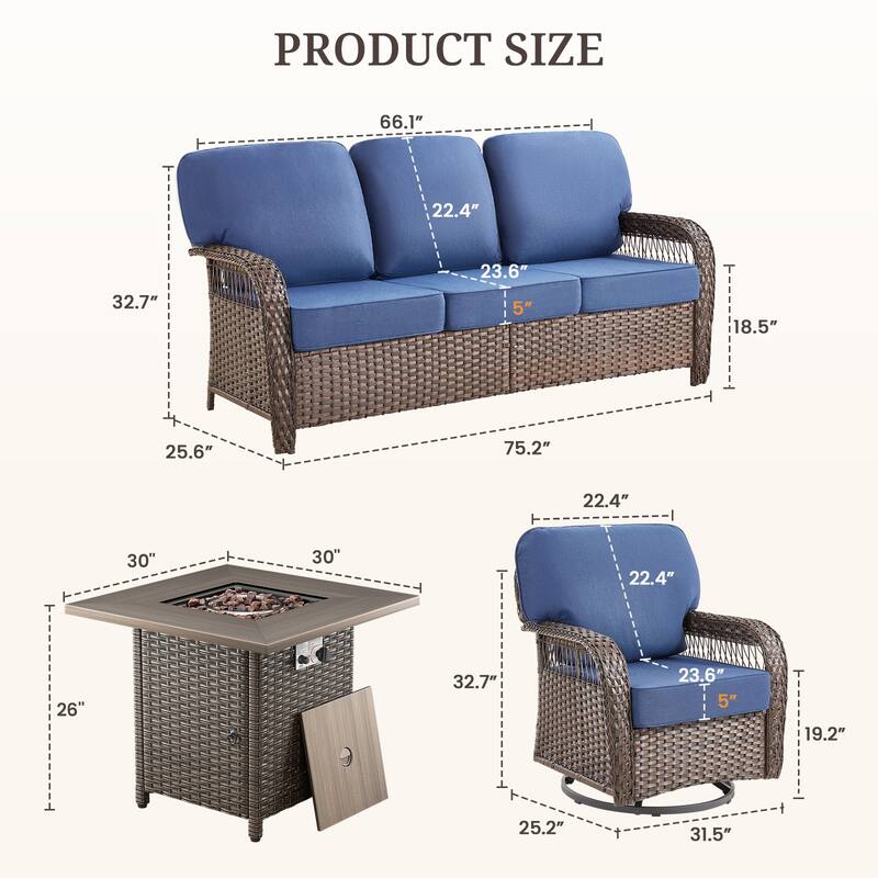 Pocassy Patio Outdoor Fire Table with Sofa Ottoman Swivel Chair Set.