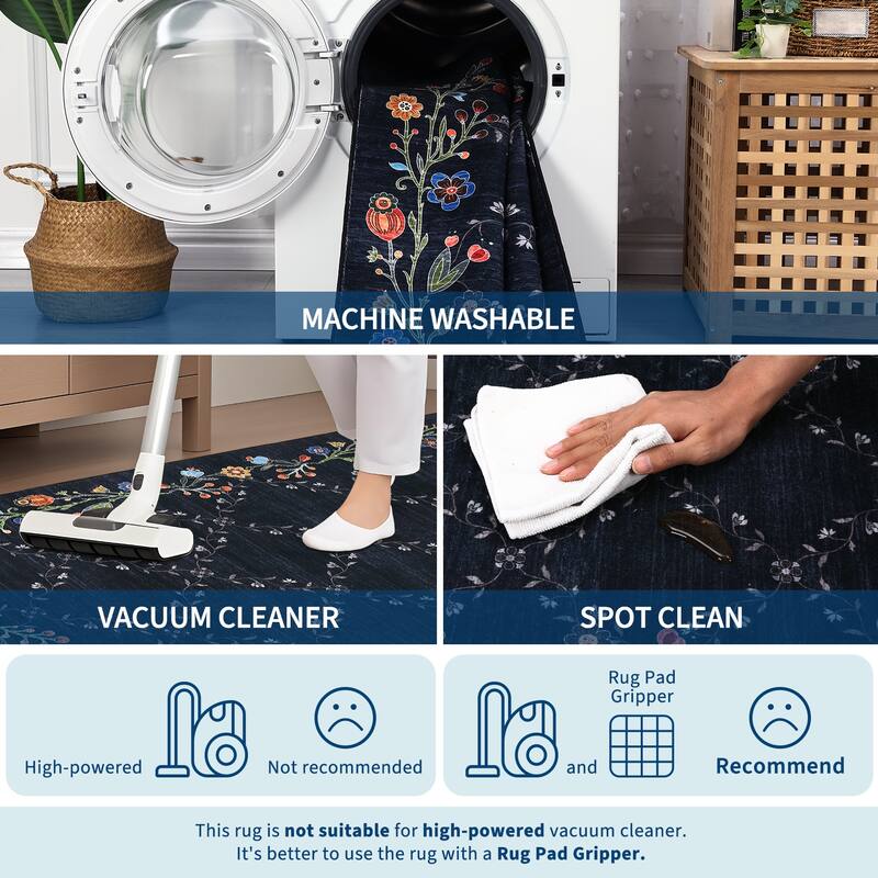 Floral Area Rugs for Living Room Low Pile Non Slip Rugs Washable Soft Foldable Accent Carpet Home Decor