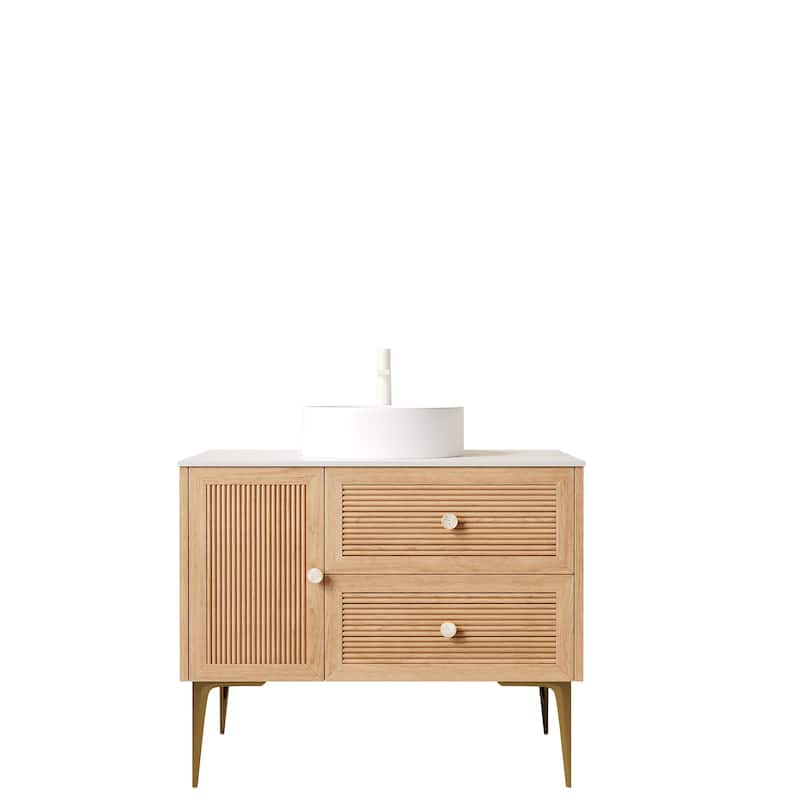 36" Freestanding Vanity with Ceramic Sink‌ – Plywood Cabinet, 4 Metal Legs, 2 Drawers & 1 Door – Pre-Assembled, No Faucet.
