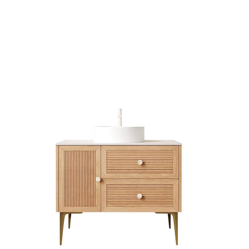 GDFStudio - Munin Freestanding Bathroom Vanity with Ceramic Sink, 4 Metal Legs, Oak Woodgrain Color, WITHOUT Faucet