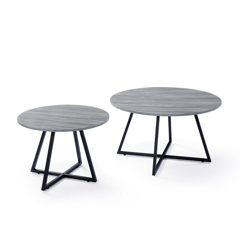 Modern Round Nesting Coffee Table Set with Black Cross Metal Legs