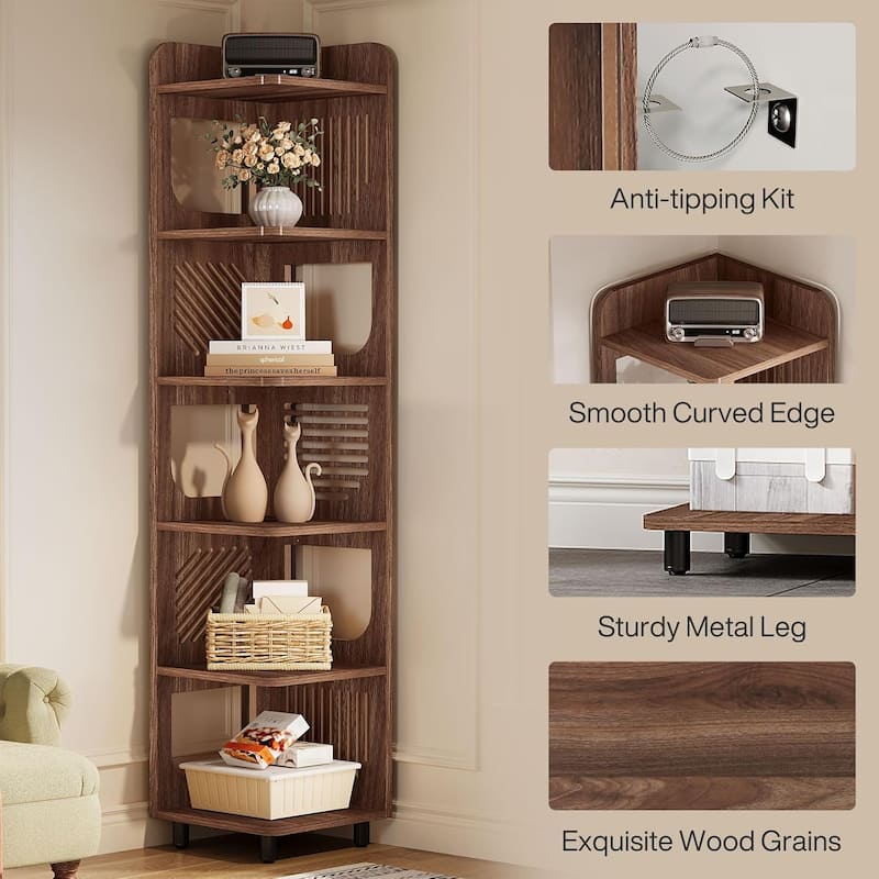 6-Tier Narrow Corner Shelf Stand, 71-Inch Rustic Tall Corner Bookshelf
