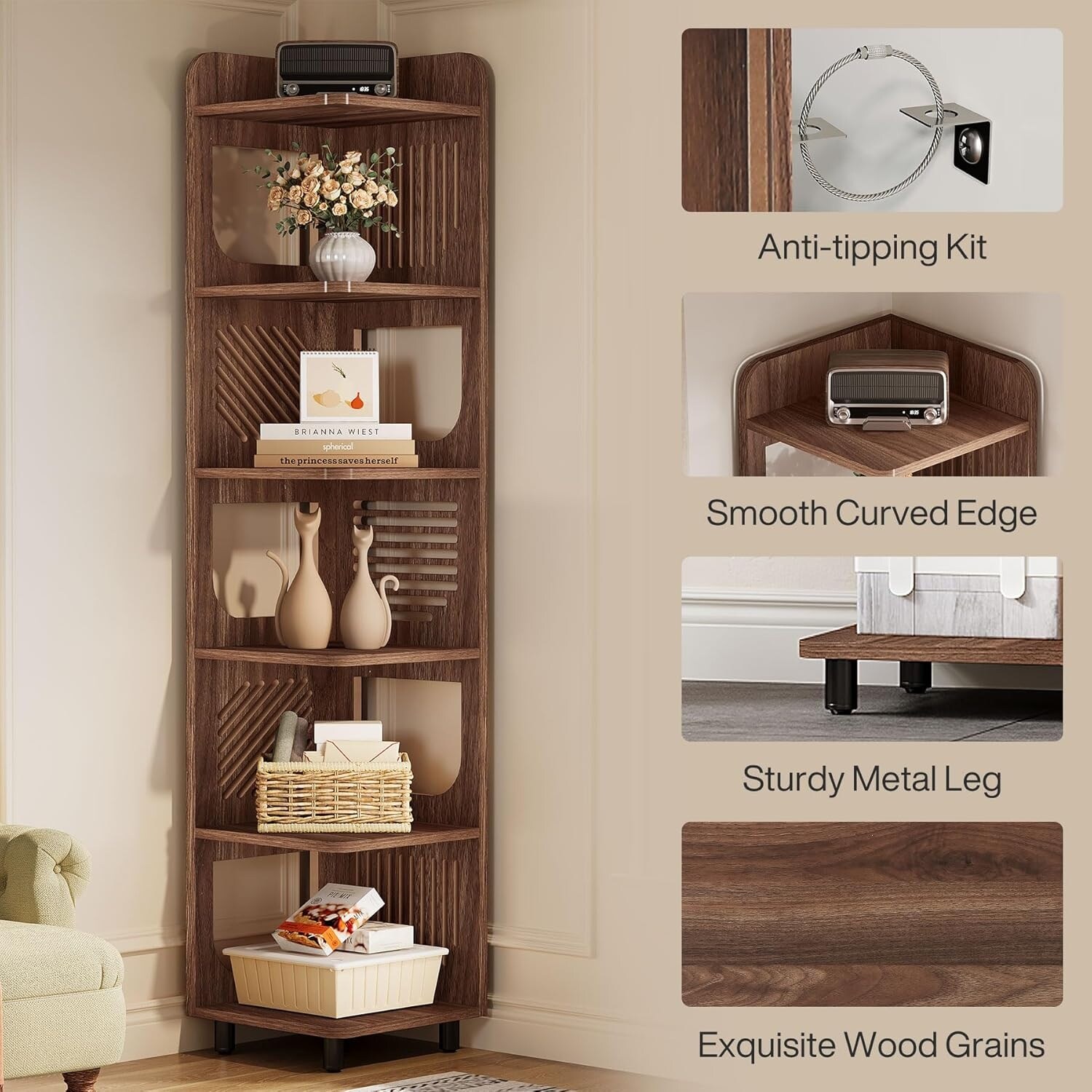 6-Tier Narrow Corner Shelf Stand, 71-Inch Rustic Tall Corner