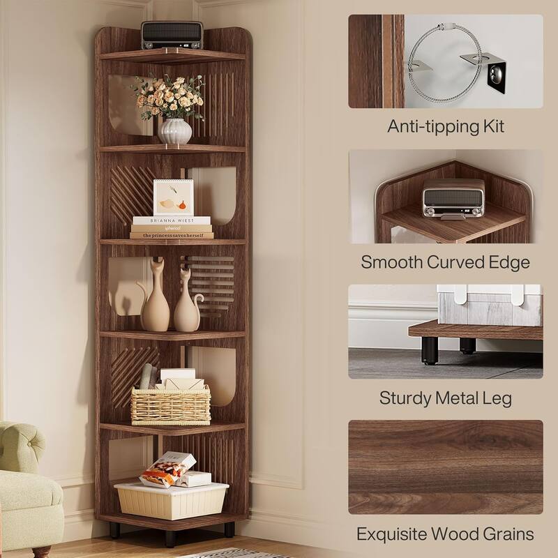 71 Inches 6-Tier Tall Corner Shelf, Corner Bookcase for Living Room