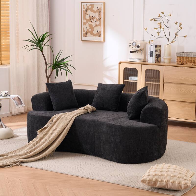 Chenille Crescent-Shaped Loveseat Sofa, High-Resilience Foam Filled 3-Seater Sofa, Upholstered Floor Sofa with Pillows