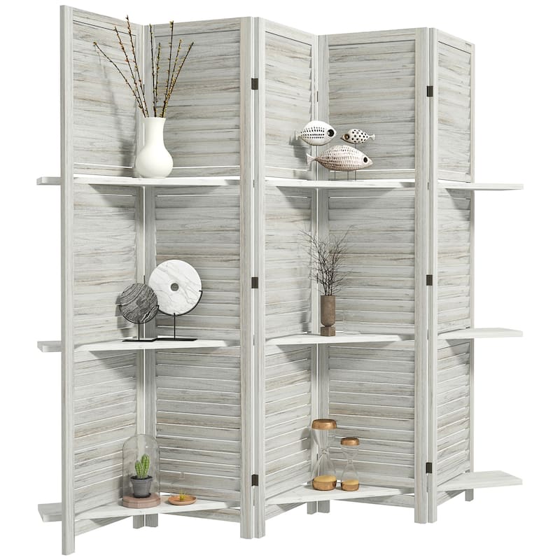 HOMCOM 5 Panel 67" Tall Wood Room Divider, Privacy Screen with 3 Display Shelves, and Folding Storage for Bedroom or Home Office