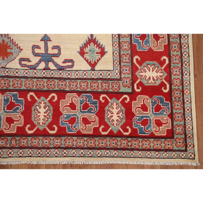 Hand Knotted Oriental 100% Wool Carpet Traditional Geometric Beige & Ivories Kazak Area Rug - 9' 8'' X 6' 6''