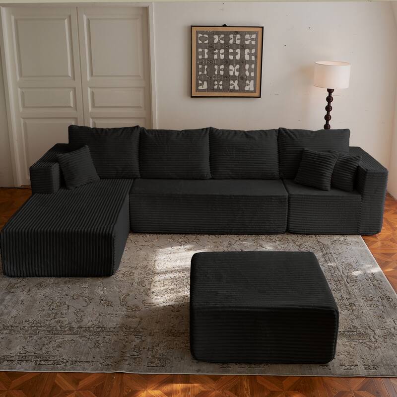 Corduroy Modular Sectional Sofa with Ottoman, U Shaped Upholstered Couch