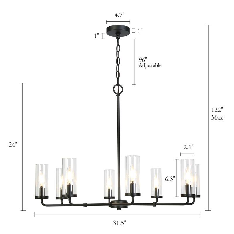 Modern Farmhouse 8-Light Black Wheel Chandelier with Glass Shade for Dining Living Room - D 31.5" x H 24"