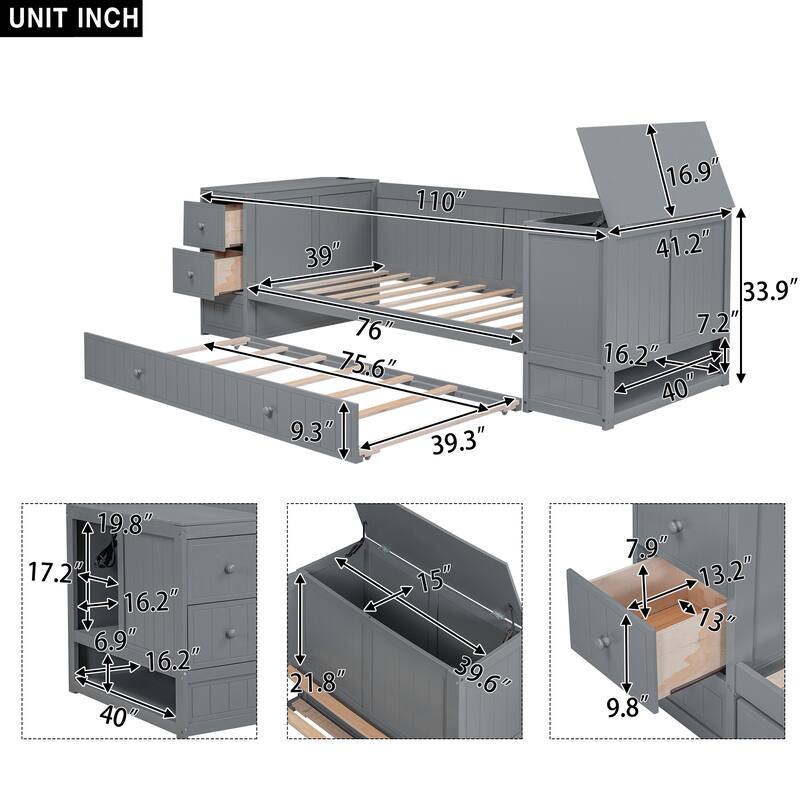 Twin Daybed with Trundle, Storage Drawers, and Built-in Charging Station