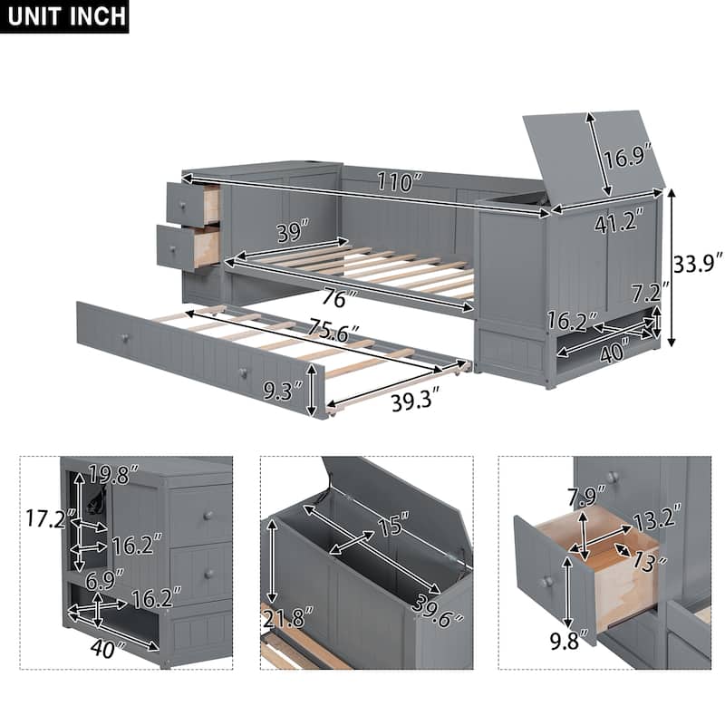 Wooden Bed Frame Low-Profile Daybed with Storage Arms and Charging Station, Trundle Bed with Wood Slat for Bedroom/Apartment