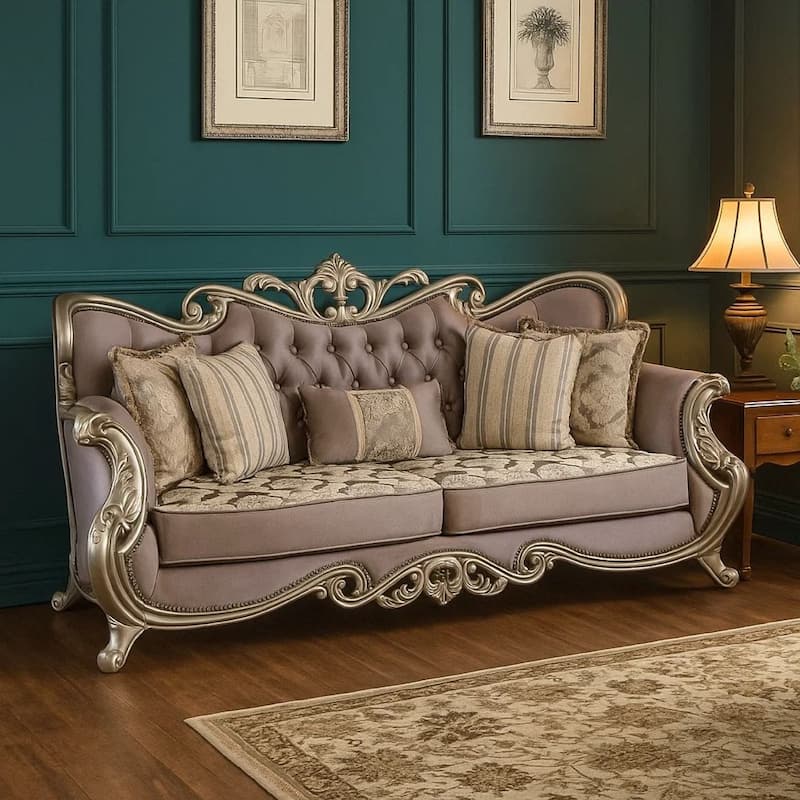 Aboi Sofa, 5 Accent Pillows, Purple Velvet, Carved Details, 95 Inch