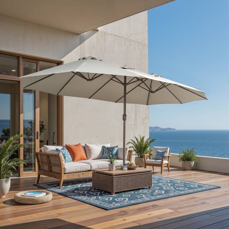 OVIOS 15ft Double-Sided Patio Umbrella with Crank & Weighted Sandbag Base - Light Grey