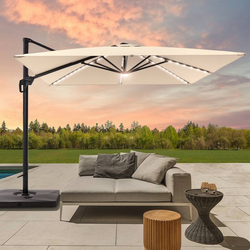 BONOSUKI 10x10FT LED Cantilever Patio Umbrella Angle Adjustment w/Base