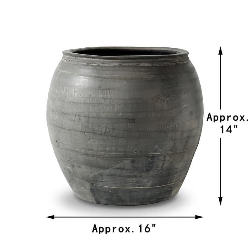 Artissance Large Vintage Charcaol/Gray pottery Jar, 15 Inch Diameter, Gray (Size & Finish Vary) - 15"W x 15"L x 14"H