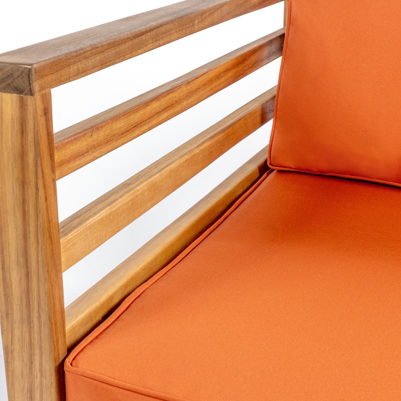Everly 4-Piece Mid-Century Modern Acacia Wood Outdoor Patio Set with Cushions and Plaid Decorative Pillows, by JONATHAN Y