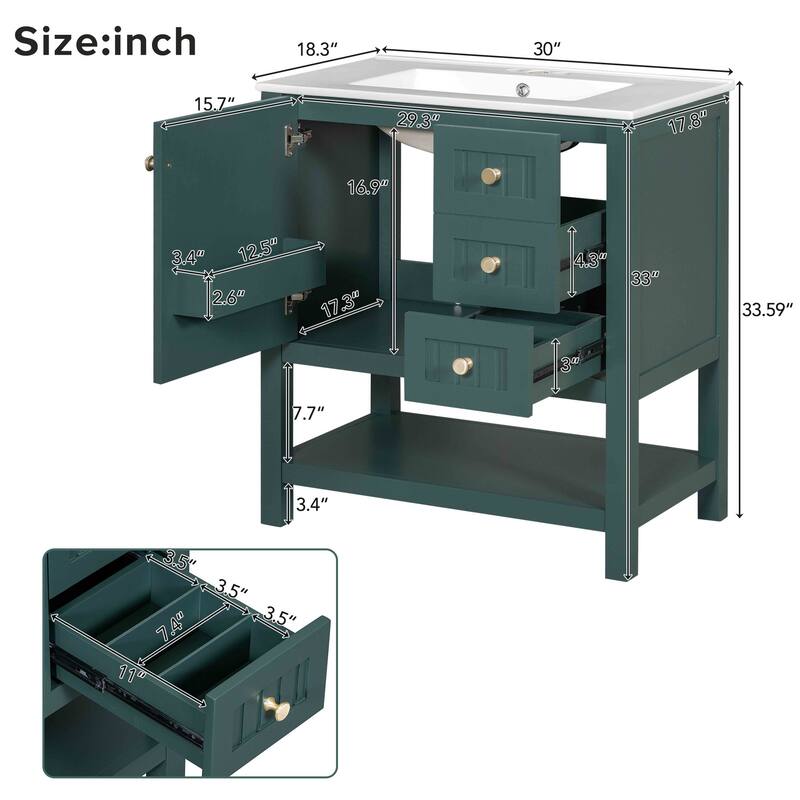 30-Inch Transitional Bathroom Vanity with Ceramic Sink, Soft Close Drawers, and Ample Storage - Green Finish