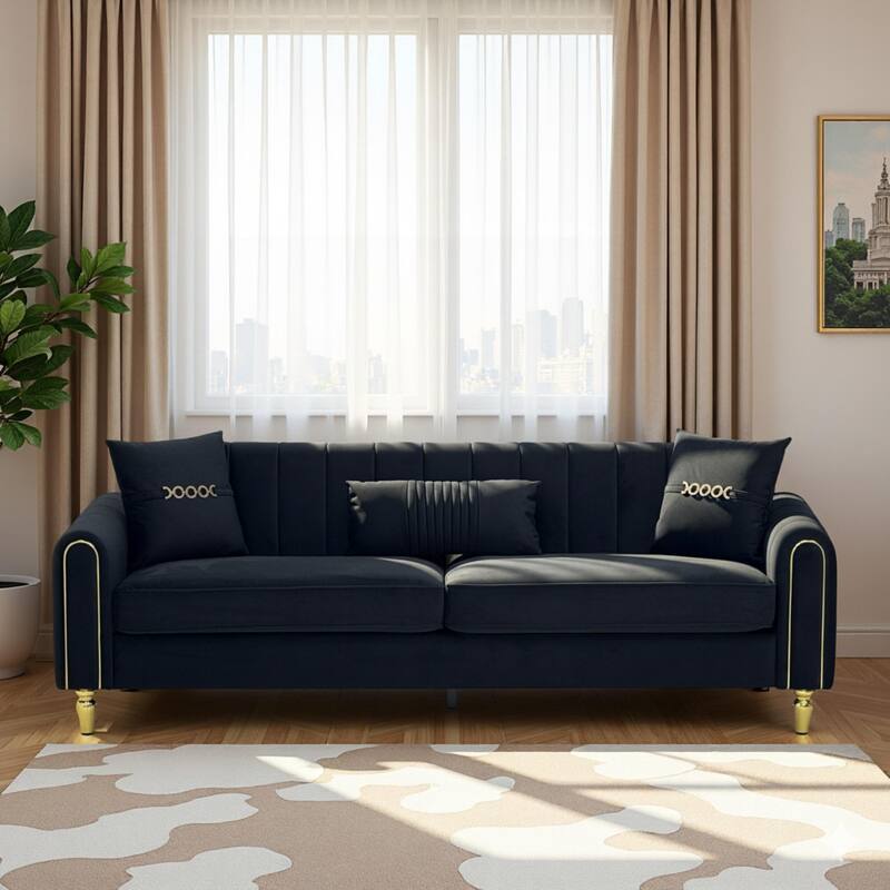 Roomfitters 87.4 Inch 3 Seater Elegant Modern Upholstered Sofa with Gold Metal Trim, Vertical Channel Tufted Back