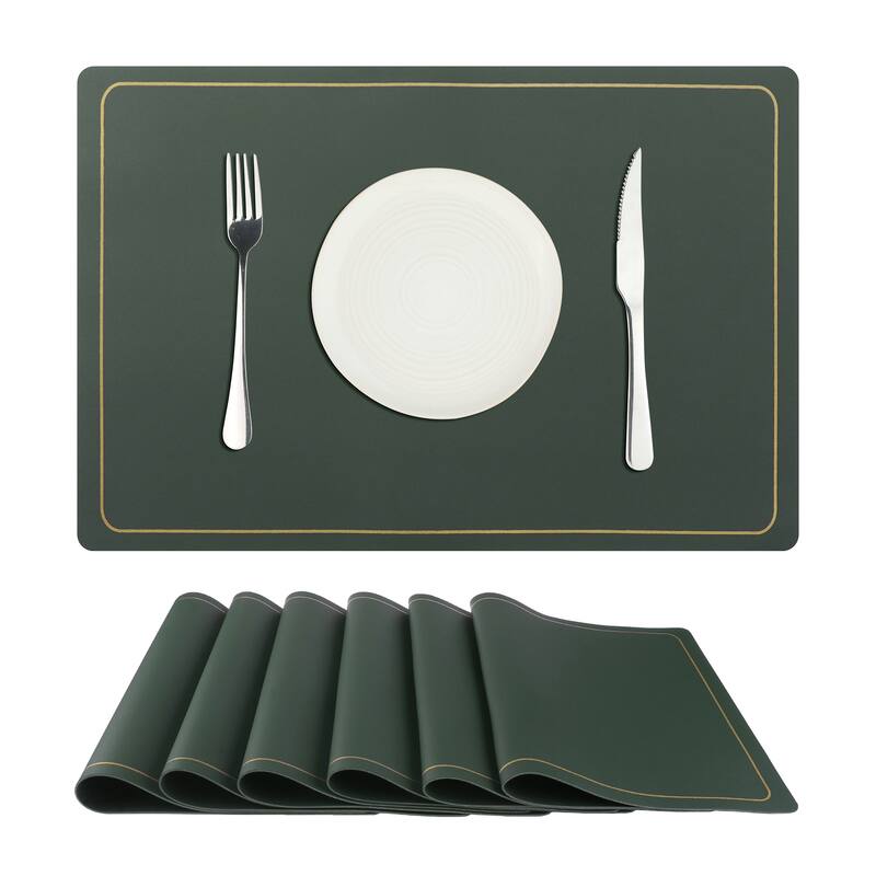 Set of 6 Heat Resistant Modern Faux Leather Placemats for Dining Room - 18x12 Inch - Dark Green