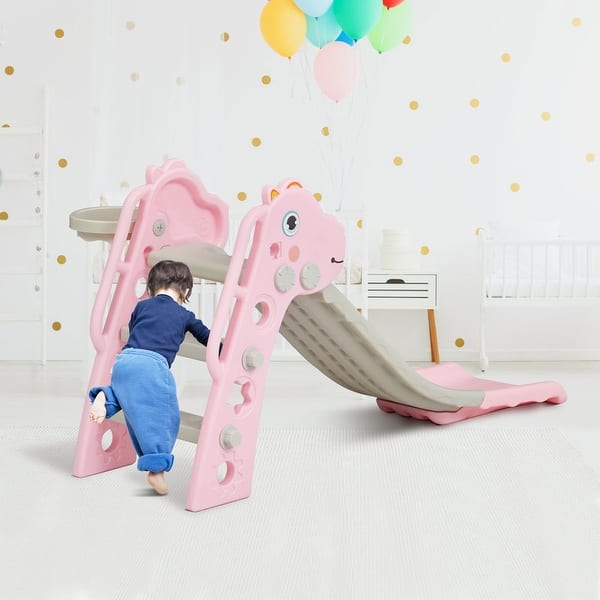 slide 2 of 6, Plastic Foldable Slides Backyard Climber Set (Pink) with Basketball Hoop and Ball for 1-3 Old Baby Kids Kids - Swing Set - Pink