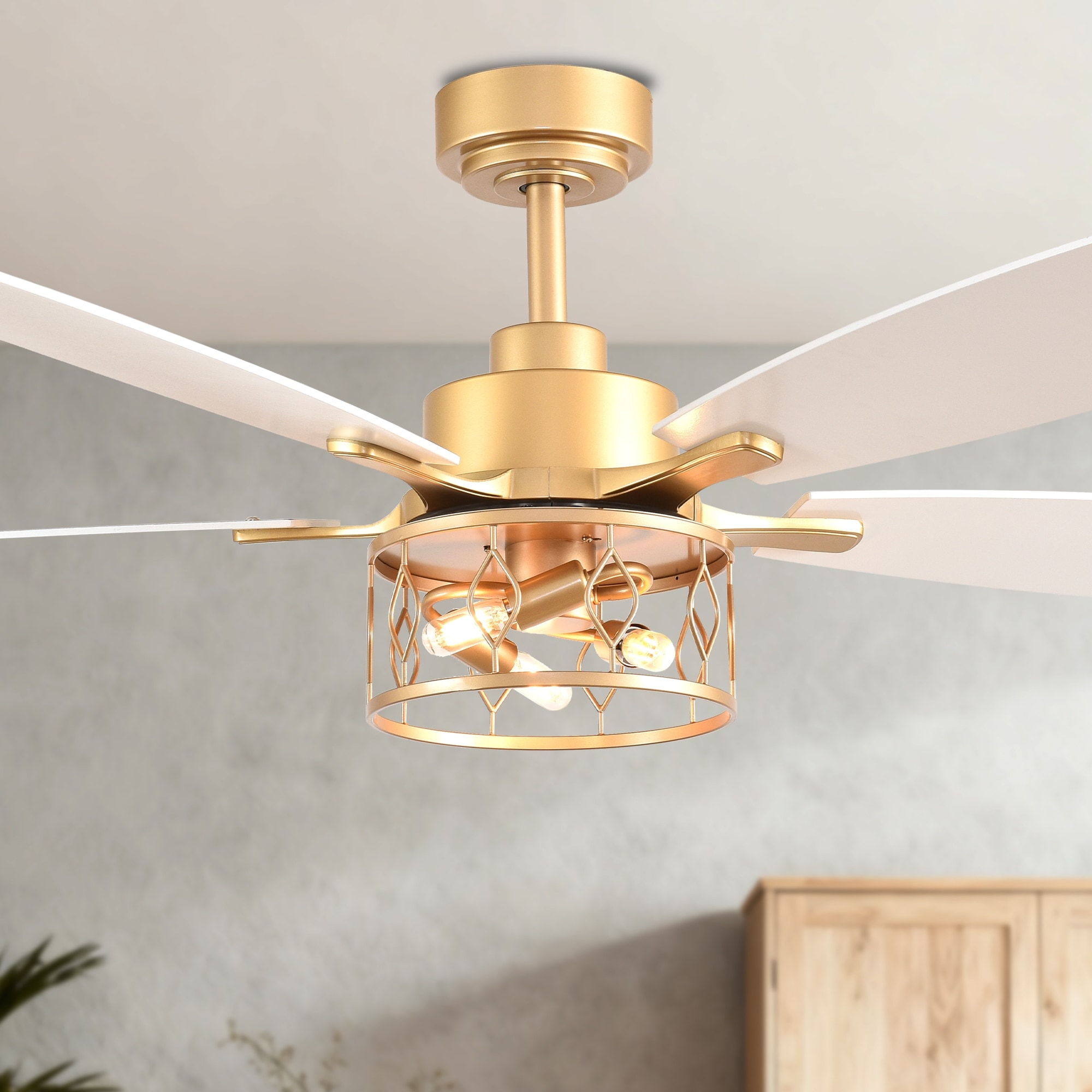 Bella Depot 52" Modern Gold Ceiling Fan with Light and Remote 6-Speed Reversible Large Caged Ceiling Fan