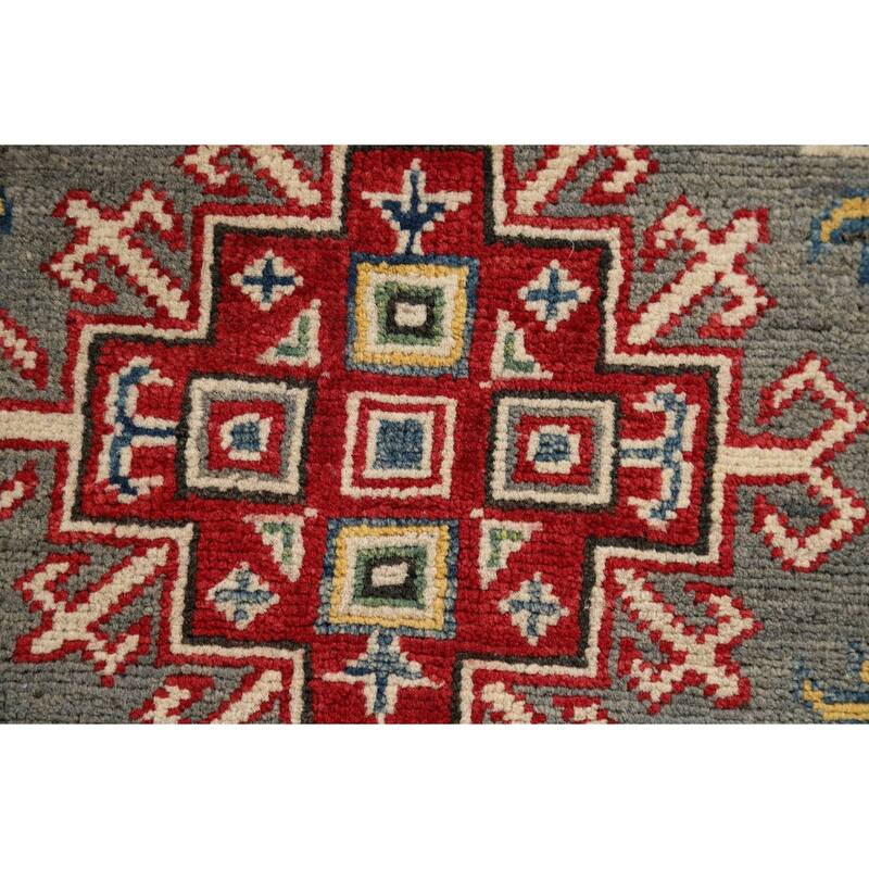 Geometric Kazak Foyer Rug Handmade Grey Wool Handmade Wool Carpet - 2'8" x 4'2"
